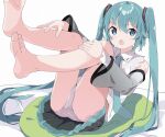  1girl :o ass bangs bare_shoulders barefoot black_skirt blue_eyes blue_hair blush collared_shirt commentary_request detached_sleeves eyebrows_visible_through_hair grey_panties grey_sleeves hair_between_eyes hatsune_miku highres legs_up long_hair long_sleeves looking_at_viewer open_mouth panties pleated_skirt shirt skirt sleeveless sleeveless_shirt soles solo sweat tantan_men_(dragon) twintails underwear very_long_hair vocaloid white_background white_shirt wide_sleeves 