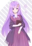  1girl alternate_costume bangs blush book cardigan commentary_request crescent crescent_hair_ornament dress eyebrows eyebrows_visible_through_hair eyelashes hair_ornament hair_scrunchie highres holding holding_book kanpa_(campagne_9) long_hair long_sleeves looking_at_viewer no_hat no_headwear off_shoulder patchouli_knowledge purple_dress purple_eyes purple_hair scrunchie smile solo star_(symbol) striped sweater touhou very_long_hair 