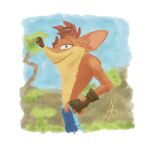  activision anthro bandicoot bottomwear clothed clothing crash_bandicoot crash_bandicoot_(series) denim denim_clothing fingerless_gloves gloves handwear jaibonheur jeans looking_at_viewer male mammal marsupial pants side_view smile smirk solo topless video_games 
