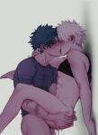  2boys absurdres against_wall anal ass_grab bakugou_katsuki black_shirt black_tank_top blonde_hair blush boku_no_hero_academia bottomless closed_eyes commentary_request cum french_kiss from_side gradient gradient_background green_hair grey_shirt half-closed_eye highres holding_another kiss legs_up looking_at_another male_focus midoriya_izuku multiple_boys pectorals scar_on_arm sex shirt shirt_lift short_hair short_sleeves spiked_hair standing standing_sex tank_top toned toned_male wengwengchim yaoi 
