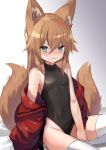  1girl animal_ear_fluff animal_ears black_leotard blush breasts brown_hair commentary_request covered_navel eyebrows_visible_through_hair fox_ears fox_tail gradient gradient_background green_eyes grey_background hair_between_eyes kokonoe_tsubaki leotard long_hair looking_at_viewer original sitting small_breasts solo tail thighhighs thighs white_legwear yoshizawa_tsubaki 
