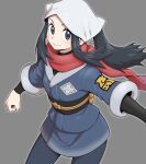  1girl black_hair clenched_hand closed_mouth commentary eyelashes female_protagonist_(pokemon_legends:_arceus) floating_hair floating_scarf grey_background grey_eyes grey_legwear head_scarf highres long_hair looking_at_viewer nutkingcall pantyhose pokemon pokemon_(game) pokemon_legends:_arceus ponytail red_scarf sash scarf sidelocks simple_background smile solo white_headwear 