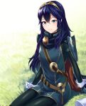  1girl ameno_(a_meno0) blue_eyes blue_hair cape fire_emblem fire_emblem_awakening grass hair_between_eyes light_blue_eyes long_hair long_sleeves looking_at_viewer lucina_(fire_emblem) outdoors sitting smile solo symbol-shaped_pupils tiara 