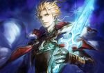  1boy armor blonde_hair blue_eyes breastplate cloak gauntlets glint glowing glowing_sword glowing_weapon granblue_fantasy holding holding_sword holding_weapon hood hood_down hooded_cloak male_focus parted_lips siete signature sky smile solo star_(sky) starry_sky sword uroko_(mnr) vambraces weapon white_cloak 