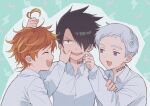  1girl 2boys ahoge arm_up azuki_(aduki) black_eyes black_hair blue_eyes closed_eyes emma_(yakusoku_no_neverland) forced_smile green_background hair_over_one_eye hair_pull hand_on_another&#039;s_arm hand_on_another&#039;s_face highres lightning_bolt long_sleeves multiple_boys neck_tattoo norman_(yakusoku_no_neverland) number_tattoo open_mouth orange_hair ray_(yakusoku_no_neverland) shirt short_hair striped striped_background tattoo upper_body upper_teeth wavy_hair white_hair white_shirt yakusoku_no_neverland 