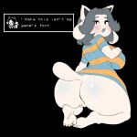  1:1 anthro anthrofied big_butt blush breasts butt clothed clothing dialogue english_text fappuccinoart feet female genitals hair hi_res humanoid_feet looking_back mammal pussy rear_view soles solo tem temmie_(undertale) text undertale video_games white_body 
