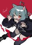  122pxsheol 1girl :d absurdres ahoge animal_ears aqua_hair bangs black_legwear boots cat_ears fangs highres hood hoodie looking_at_viewer open_mouth orange_eyes orange_nails original short_hair smile solo teeth thighhighs 