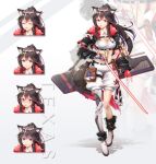  1girl absurdres animal_ears arknights black_hair black_jacket breasts cleavage crop_top cropped_jacket detached_collar detached_sleeves expressions fingerless_gloves food fur_trim gloves hair_ornament hairclip highres holding holding_sword holding_weapon jacket large_breasts long_hair looking_at_viewer mechanical_arms mechanical_legs midriff mouth_hold open_clothes open_jacket pocky ponytail red_eyes red_gloves scaleph shirt shorts single_mechanical_arm single_mechanical_leg sleeveless sleeveless_shirt solo standing stomach strap sword tail taut_clothes taut_shirt texas_(arknights) weapon white_shirt white_shorts wolf_ears wolf_girl wolf_tail zoom_layer 