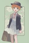  1girl :d ahoge azuki_(aduki) bare_legs black_headwear black_jacket border buttons emma_(yakusoku_no_neverland) feet_out_of_frame floral_background green_background green_eyes hat highres holding holding_suitcase jacket looking_at_viewer neck_tattoo necktie number_tattoo official_alternate_costume open_clothes open_jacket open_mouth pleated_skirt red_neckwear shirt short_hair simple_background skirt smile solo suitcase tattoo twitter_username vest wavy_hair white_shirt white_skirt white_vest yakusoku_no_neverland 