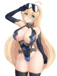  1girl ahoge black_legwear blonde_hair blue_eyes blush breasts cleavage covered_navel elbow_gloves gloves goggles goggles_on_head hair_between_eyes highres large_breasts last_origin leotard long_hair looking_at_viewer narodenden open_mouth p-22_harpyia simple_background solo thighhighs very_long_hair white_background wide_hips 