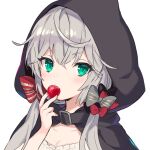  1girl ame8desu aqua_eyes bangs biting black_cloak cloak food fruit green_eyes highres holding holding_food hood long_hair low_twintails messy_hair original portrait silver_hair simple_background strawberry twintails white_background 