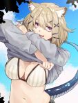  1girl animal_ear_fluff animal_ears arknights bangs bikini bikini_under_clothes breasts cat_ears cleavage fang grey_bikini grey_shirt grey_shorts hair_ornament large_breasts lifted_by_self long_sleeves longmoon0909 looking_at_viewer magenta_eyes navel official_alternate_costume open_mouth outdoors platinum_blonde_hair shirt shirt_lift short_hair shorts smile snake_tail solo striped swimsuit tail undressing utage_(arknights) utage_(summer_flowers)_(arknights) vertical-striped_bikini vertical_stripes 