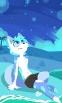  2021 absurd_res anthro blue_body blue_eyes blue_fur chest_tuft clothed clothing detailed_background fur hi_res hydrabb looking_up male mammal outside sitting smile solo swimming_trunks swimwear topless tuft water white_body white_fur 