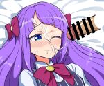  1girl bangs bar_censor blue_eyes blush bow censored closed_mouth cum cum_on_hair disembodied_penis eyebrows_visible_through_hair facial hetero kaguya_madoka long_hair one_eye_closed penis precure purple_bow purple_hair ribbon school_uniform sidelocks solo_focus star_twinkle_precure upper_body wince yoban 