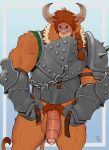  2021 absurd_res anthro armband armor badcoyote balls bangs belt blue_background bodily_fluids bottomless bovid bovine braided_hair cattle clothed clothing cum flaccid foreskin genital_fluids genitals hair hi_res highland_cattle horn hybrid_genitalia hybrid_penis male mammal muscular muscular_anthro muscular_male penis pubes simple_background smile solo standing uncut 