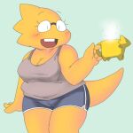  1:1 2021 alphys alpi anthro blush bottomwear breasts chubby_female cleavage clothed clothing cup eyewear female glasses hot_drink lizard non-mammal_breasts reptile scalie shirt shorts solo tank_top topwear undertale video_games yellow_body 