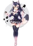  1girl 2021 animal_ears artist_name black_hair blue_eyes blush breast_pocket breasts cleavage dated full_body fur_collar gradient gradient_legwear grey_wolf_(kemono_friends) heterochromia highres ink jin_young-in kemono_friends large_breasts looking_at_viewer multicolored_hair open_mouth plaid_neckwear pocket skirt solo tail thighhighs two-tone_hair white_hair wolf_ears wolf_girl wolf_tail yellow_eyes zettai_ryouiki 