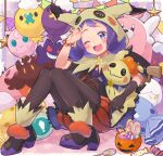  1girl ;d absurdres acerola_(pokemon) bangs bead_bracelet beads bewear blue_eyes blush bracelet brown_gloves brown_legwear candy_wrapper capelet commentary_request eyelashes flipped_hair gengar gloves halloween_costume highres holding holding_pokemon hood hooded_capelet jewelry jigglypuff legwear_under_shorts litwick mimikyu multicolored_footwear nail_polish official_alternate_costume one_eye_closed open_mouth orange_bracelet orange_shorts pantyhose pokemon pokemon_(creature) pokemon_(game) pokemon_masters_ex pumpkaboo purple_hair shoes shorts single_glove smile striped striped_shorts themed_object tongue vertical-striped_shorts vertical_stripes yupiteru 