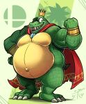  2018 3_toes 4_fingers anthro belly biceps big_belly bottomless bracelet cape cape_only claws clothed clothing crocodile crocodilian crocodylid dated donkey_kong_(series) fangs featureless_crotch feet finger_claws fingers flexing front_view full-length_portrait green_body green_claws green_scales hand_on_hip hi_res jewelry king_k._rool kremling logo looking_at_viewer male mostly_nude musclegut muscular muscular_anthro muscular_male navel nintendo open_mouth open_smile outie_navel overweight overweight_anthro overweight_male pecs plantigrade portrait reptile scales scalie sharp_teeth signature smile solo standing super_smash_bros. teeth thick_thighs toe_claws toes tongue video_games zaviz 