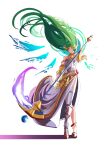  1girl armlet armor armored_dress automatic_giraffe bangle bracelet closed_eyes commentary crossed_legs dress energy_weapon floating_hair forehead_jewel full_body goddess gorget green_hair holding holding_weapon jewelry kid_icarus kid_icarus_uprising laurel_crown long_dress long_hair long_legs palutena sandals scythe side_slit single_thighhigh solo standing strapless strapless_dress thighhighs vambraces very_long_hair weapon white_legwear 