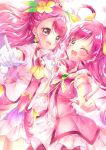  2girls :d blush bow choker color_connection commentary_request cure_dream cure_grace detached_sleeves dress earrings eyelashes gloves hair_ornament hair_rings hanadera_nodoka happy healin&#039;_good_precure highres jewelry looking_at_viewer magical_girl multiple_girls open_mouth pink_dress pink_eyes pink_hair pink_skirt pointing pointing_at_viewer precure ribbon skirt smile standing touki_matsuri vest white_gloves yes!_precure_5 yes!_precure_5_gogo! yumehara_nozomi 