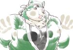  anthro bandanna blush canid canine canis clothing domestic_dog exe_exem eyebrows fur green_body green_fur jacket kerchief live-a-hero male mammal mokdai musclegut on_glass pecs slightly_chubby solo thick_eyebrows topwear 