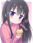  1girl bangs black_hair blush cherry closed_mouth commentary_request cupcake eyebrows_visible_through_hair food fruit hair_between_eyes hands_up heart holding holding_food jigatei_(omijin) long_hair long_sleeves looking_at_viewer pink_background pink_sweater purple_eyes shirosaki_hana sleeves_past_wrists smile solo sparkle sweater translation_request two-tone_background very_long_hair watashi_ni_tenshi_ga_maiorita! white_background 