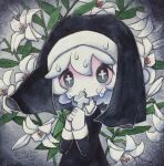  +_+ 1girl cross cross_necklace dated droplet flower grey_eyes habit hands_up highres holding holding_cross jewelry leaf long_sleeves looking_at_viewer medium_hair necklace nun original signature solo tears upper_body white_flower white_hair zukky000 