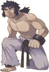  1boy barefoot black_eyes black_hair bruno_(pokemon) clenched_hand closed_mouth collarbone elite_four frown full_body grey_pants kneeling long_hair long_sideburns male_focus muscular muscular_male official_art pants pokemon pokemon_(game) pokemon_frlg ponytail solo sugimori_ken tied_hair toes transparent_background 