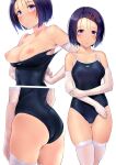  1girl arms_behind_back ass ass_visible_through_thighs bare_shoulders black_swimsuit blush breasts elbow_gloves gloves hair_ornament hairclip highres looking_at_viewer medium_breasts multiple_views navel nipples one-piece_swimsuit parted_lips purple_eyes purple_hair sairenji_haruna shiny shiny_hair short_hair simple_background standing swimsuit thigh_gap thighhighs thighs to_love-ru wa_(genryusui) white_gloves white_legwear 
