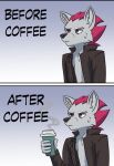  2021 anthro beverage canid canine clothed clothing coffee comic comparing cup english_text fox frown grumpy hair humor jacket male mammal narrowed_eyes open_clothing open_jacket open_topwear shreddy_(shreddyfox) shreddyfox solo steam text topwear 