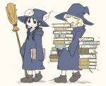  1other 2girls alternate_costume beige_background black_eyes black_hair blonde_hair book book_stack broom chito_(shoujo_shuumatsu_ryokou) cloak closed_eyes commentary floating full_body hat holding levitation long_hair long_sleeves multiple_girls nuko_(shoujo_shuumatsu_ryokou) shoes shoujo_shuumatsu_ryokou simple_background tm44720881 walking witch_hat yuuri_(shoujo_shuumatsu_ryokou) 