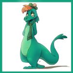  1:1 2021 absurd_res anthro blush border clothing green_border hat headgear headwear hi_res light lighting loch_ness_monster louart mostly_nude nessie_(disney) scarf signature simple_background solo standing white_background 