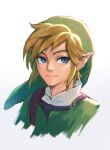  1boy absurdres blonde_hair blue_eyes closed_mouth cropped_torso green_headwear green_shirt hat highres link looking_at_viewer male_focus na_(oagenosuke) pointy_ears shirt simple_background smile solo the_legend_of_zelda upper_body white_background 