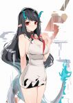  1girl arknights bare_arms bare_shoulders black_hair blue_fire blush breasts cleavage cleavage_cutout clothing_cutout collared_dress commentary_request dragon_girl dragon_horns dragon_tail dress dusk_(arknights) fire grey_dress hand_up highres horns inniyik lifted_by_self long_hair looking_at_viewer medium_breasts necktie nose_blush pointy_ears red_eyes red_neckwear sleeveless sleeveless_dress solo tail tail-tip_fire very_long_hair white_background 