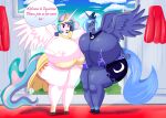  absurd_res anthro big_breasts blue_body blue_hair breasts clothing cutie_mark digital_media_(artwork) duo equid equine feathered_wings feathers female female/female finalofdestinations friendship_is_magic hair hasbro hi_res horn horse huge_breasts hyper hyper_breasts looking_at_viewer mammal multicolored_hair my_little_pony pony princess_celestia_(mlp) princess_luna_(mlp) smile text thick_thighs unicorn white_body winged_unicorn wings 