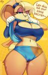  anthro big_breasts blonde_hair bodily_fluids bottomwear breasts camel_toe cleavage clothed clothing dialogue female hair hi_res krokobyaka lagomorph leporid lola_bunny looney_tunes mammal musk rabbit shorts simple_background solo steam sweat warner_brothers wide_hips yellow_background 