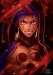  1boy beads blue_hair bodypaint character_name closed_mouth cu_chulainn_(fate)_(all) cu_chulainn_alter_(fate/grand_order) dark_persona earrings facepaint fate/grand_order fate_(series) grin hair_beads hair_ornament highres hood hood_up jewelry kageji long_hair looking_at_viewer male_focus muscular muscular_male nipples ponytail red_eyes sharp_teeth shirtless smile solo spiked_hair tan teeth 