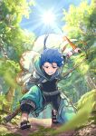  1boy abs asymmetrical_bangs asymmetrical_clothes bangs belt blue_hair bodysuit_under_clothes bracelet braid braided_ponytail capelet child closed_mouth cu_chulainn_(fate)_(all) dagger earrings fate/grand_order fate/grand_order_arcade fate_(series) floating_hair forest grin highres holding holding_dagger holding_weapon hood hood_up hooded_capelet jewelry long_hair looking_at_viewer male_focus muscular muscular_male nature one_knee outdoors pectorals ponytail puffy_pants red_eyes sandals setanta_(fate) smile solo spiked_hair staff sun sunlight takahasu_kaoru toeless_footwear tree weapon 