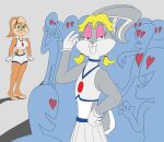  absurd_res anthro buckteeth bugs_bunny burgerpocalypse cheerleader clothed clothing crop_top crossdressing female girly gloves group handwear hi_res human humor lagomorph leporid lola_bunny looney_tunes male mammal rabbit shirt space_jam teeth topwear uniform warner_brothers wig 