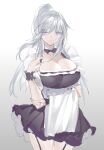  1girl absurdres black_bow bow closed_mouth eyebrows_visible_through_hair eyes_visible_through_hair frills garter_straps gradient gradient_background grey_hair hair_between_eyes highres horz long_hair long_ponytail maid original ponytail purple_eyes sketch solo towel 