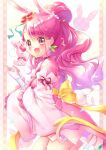  1girl :d alternate_costume animal_ears blush bow bunny_ears commentary_request cure_grace dress earrings eyelashes hair_ornament hanadera_nodoka happy healin&#039;_good_precure highres jewelry looking_at_viewer magical_girl open_mouth pink_dress pink_eyes pink_hair precure rabirin_(precure) smile solo standing touki_matsuri 