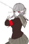  1girl absurdres black_jacket braid closed_mouth danganronpa_(series) eyebrows_visible_through_hair feet_out_of_frame ff_frbb122 grey_hair grey_skirt hair_ribbon highres holding holding_sword holding_weapon jacket long_hair looking_at_viewer pekoyama_peko red_eyes ribbon school_uniform skirt solo standing sword twintails weapon white_background white_ribbon 