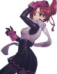  1girl arm_up black_legwear black_skirt closed_mouth fingerless_gloves gloves hand_on_own_head kemurikusa purple_gloves red_eyes red_hair rin_(kemurikusa) scarf simple_background skirt solo tanakalmasaga thighhighs white_background white_scarf 