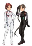  2girls ayanami_(kancolle) ayanami_rei ayanami_rei_(cosplay) black_bodysuit bodysuit breasts brown_eyes brown_hair cosplay full_body hairpods highres interface_headset kantai_collection long_hair multiple_girls namesake neon_genesis_evangelion pilot_suit plugsuit ponytail rebuild_of_evangelion shikinami_(kancolle) shikinami_asuka_langley shikinami_asuka_langley_(cosplay) side_ponytail small_breasts souryuu_asuka_langley standing tsukemon very_long_hair white_bodysuit 