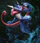 absurdres clenched_hand commentary english_commentary full_body gen_6_pokemon greninja highres looking_to_the_side no_humans pokemon pokemon_(creature) red_eyes ripples solo standing standing_on_one_leg toes tongue tyson_murphy water 