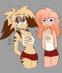  animal_humanoid annoyed anonymous_artist anthro bottomwear clothing crop_top duo female humanoid looking_at_viewer mammal mammal_humanoid martha pose savanna shirt shorts tagme teenager thick_thighs tomboy tomboy_outback topwear uncomfortable wide_hips young 