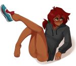  1girl blush dark_skin embarrassed feet freckles green_eyes highres legs_up looking_away low_ponytail mal_(malberrybush) malberrybush no_panties no_pants original ponytail pussy red_hair shoes sneakers solo sweater 