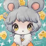  1girl animal_ears bangs blush cheese chinese_zodiac dated food grey_hair highres medium_hair mouse_ears new_year no_nose original outline signature solo upper_body white_outline year_of_the_rat yellow_eyes zukky000 