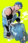  1boy alternate_hair_length alternate_hairstyle blue_hair bracelet capelet cigarette cu_chulainn_(fate)_(all) cu_chulainn_(fate/grand_order) earrings elbow_gloves fate/grand_order fate_(series) fingerless_gloves gloves head_rest jewelry kystktstura looking_at_viewer male_focus muscular muscular_male open_mouth red_eyes shiny short_hair smile smoke smoking solo 